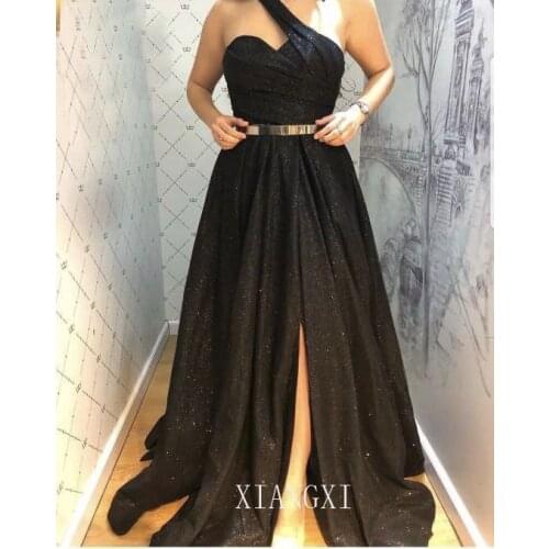 New black evening dress shiny one-shoulder dress 2020 beautiful dress party dress
