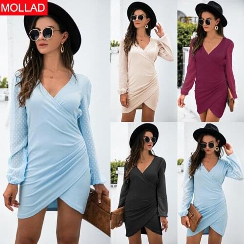 2021 Autumn and Winter Hot Sale New Jacquard Stitching V-neck Long-Sleeve Dress