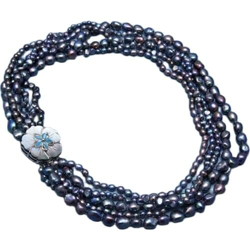 GG Jewelry 5 Rows Natural Black Keshi Baroque Pearl Necklace 21'' Handmade For Women