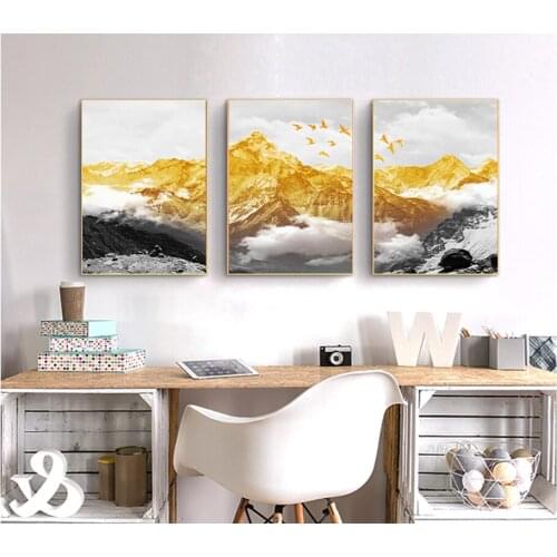 Inkjet print poster canvas picture factory direct simple Nordic hanging picture golden mountain birds snow mountain living room