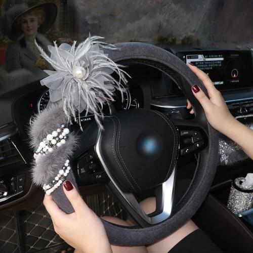 Luxury Lace Flower Car Steering Wheel Covers Plush Covered Winter Feather Steering-Wheel Car Interior Accessories Girls Women