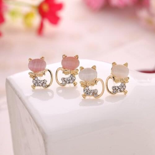 Pink Opal Earrings Dangle Ross Quartz Cute Cat Animal For Women Children Girls Gift