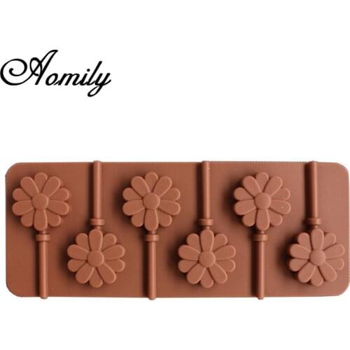 Aomily Cute Flower Lollipop Chocolate Mold DIY 3D Handmade Pop Sucker Sticks Lolly Candy Mold Bakeware Silicone With Stick Shape