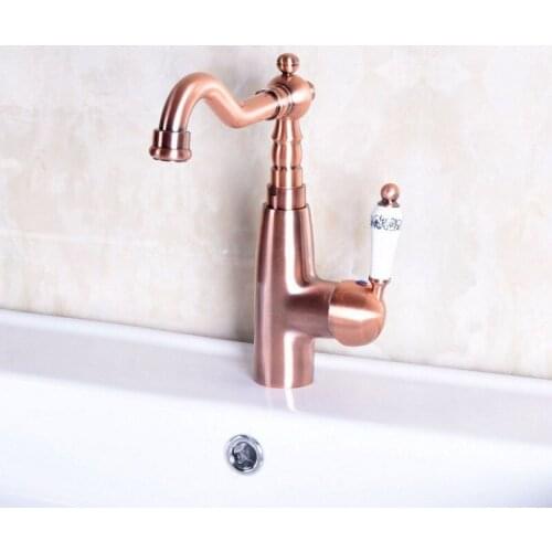 Single Ceramic Handle Kitchen Bathroom Vessel Sink Basin Swivel Spout Faucet Cold & Hot Mixer Tap Antique Red Copper anf133