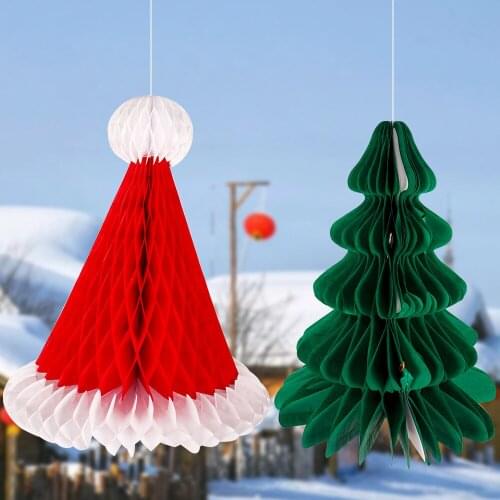 Honeycomb Paper Christmas Hat Christmas Tree Pendant Hanging Ornament Christmas Decoration for Xmas Home Party Decoration