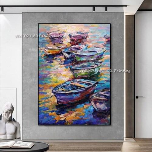 Top Art handpainted Abstract Corful boats Oil Painting On Canvas Handmade Beautiful Abstract Landscape Oil Paintings
