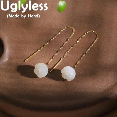 Uglyless Luxury AU750 18K Gold 90MM Long Ear Lines for Women Natural Gemstones Jade Lotus Earrings Fashion Dress Brincos Bijoux