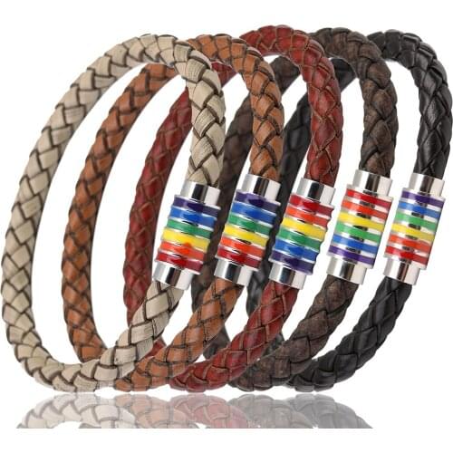 Vintage Brown Round Braided Rope Leather Cord Bracelets with Rainbow Magnetic Clasps Charms for Men Women Jewelry