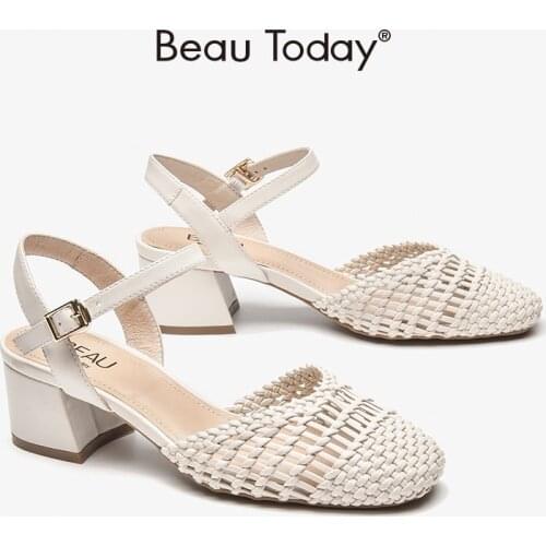 Women Sandals Microfiber Leather Hollow Weave Square Toe Buckle Strap Block High Heel Ladies Pumps Handmade BeauToday 31185