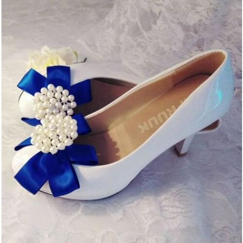 8.5cm high heels blue bow wedding shoes woman handmade luxury crystal pearl rhinestones brides blue bow white wedding shoes