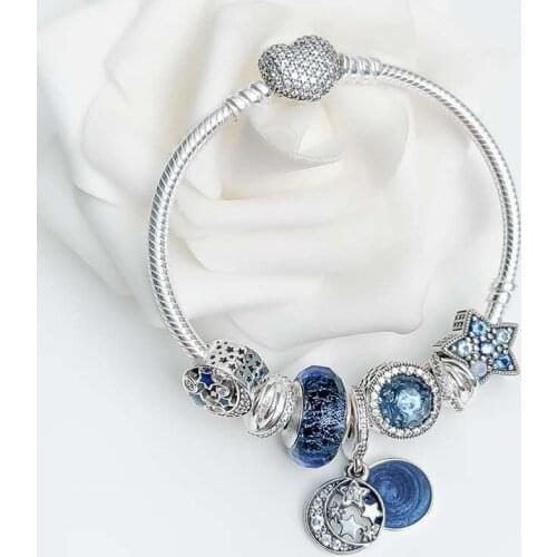 Genuine 925 Sterling Silver Fashion Star Charm With Heart-shaped Button Bracelet Fit Original Pan Charm Female Diy Jewelry