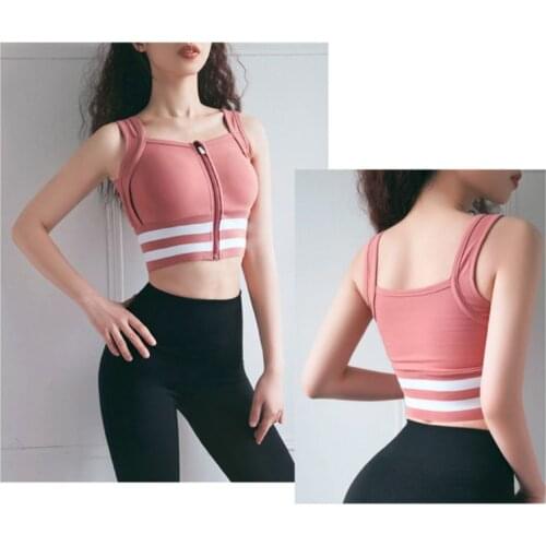 Women Yoga Sports High Impact Bra Push Up Zipper Shockproof Workout Brassiere Fitness Running Quick Dry Stripes Crop Top