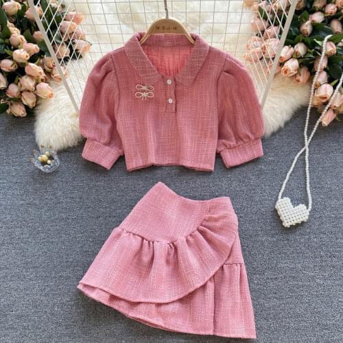 Court Style Suit Female Summer New Style Chic Bubble Sleeve Crop Tops Matching Flounce Skirt Tweed Two Sets