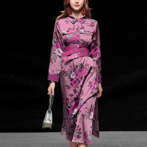 New Autumn Runway Women Purple Printing Turn Down Collar Dress Female Single-breasted Elegant Party Split Long Dresses Vestidos
