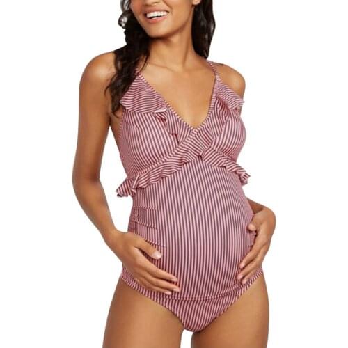 Womens Maternity Summer Beach Bikini Striped Print One Piece Swimwear 2021 Swimsuit For Pregnant Tankini Pregnancy Clothing