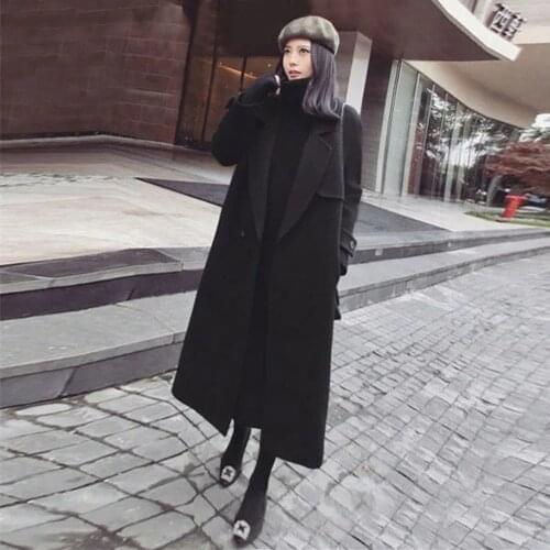 Winter Women Cashmere Wool Jacket High Quality Korean Long Thick Lacing Fall Woolen Coat Black Slim Long-sleeve Woolen Outerwear