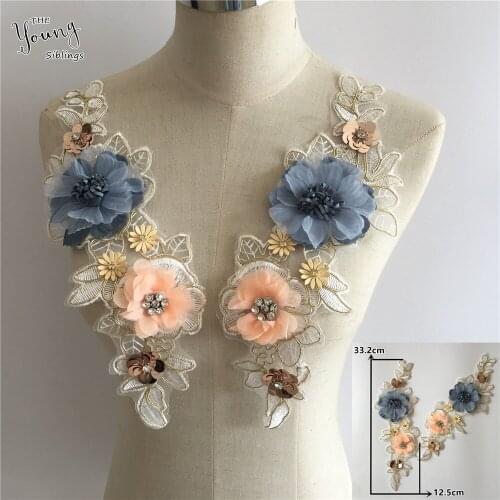 3D three-dimensional flower decoration rhinestone sequin sewing applique fabric DIY craft supplies accessories 1 pair for sale