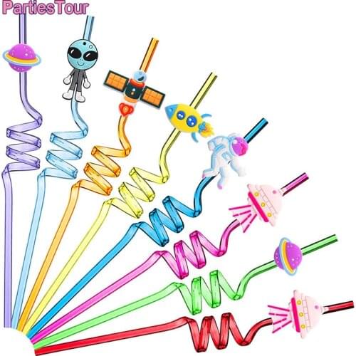8pcs Outer Space Straws Reusable Solar System Plastic Straws Rocket Spaceship Astronaut Planet Straws for Birthday Party Decor