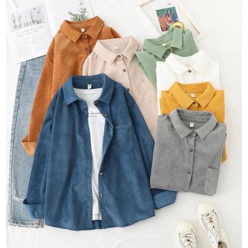 Corduroy Women Blouses Shirts Tunic Womens Spring and Autumn 2021New Womenswear Long Sleeve Clothing Button Up Down Loose top