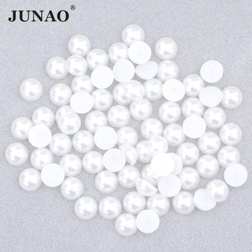 JUNAO 2 4 6 8 10 12 14mm Wholesale White Beige Flatback Pearls Half Round Imitation Beads Non Hot Fix Nail Art Decoration