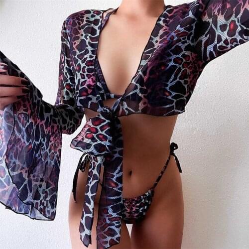 Halter Printed 3 Piece Bikini Set with Cover Up Women Swimwear Swimsuit String Thong Bikinis 2021 Mujer Bathing Suit Beachwear