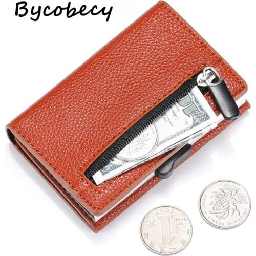 Bycobecy Business Men Metal Coin Purse PU Leather Short Wallet RFID Aluminium Box Card Holder Card Case Women Brand Smart Purse