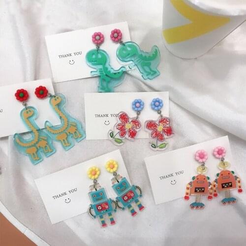 Cartoon Acrylic Transparent Earrings Personality Dinosaur Robot Flower Creativit Irregular Fashion Jewelry Give For Friend Gift
