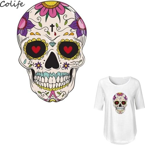 Sugar skull Parches Ropa Clothes Decoration Diy Accessory New Design Washable Print On T-Shirt Iron On Patches