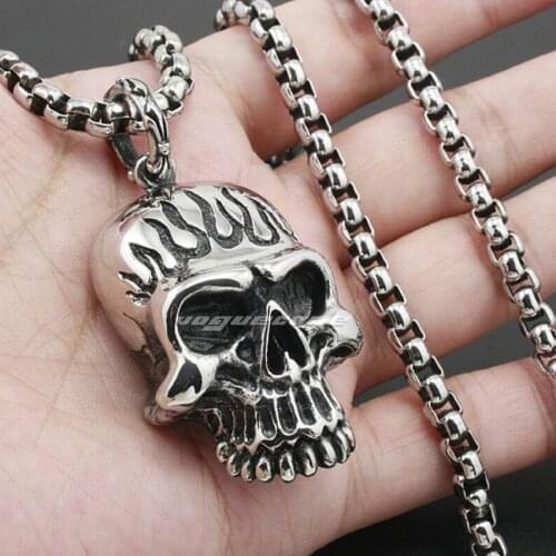 Huge Heavy 316L Stainless Steel Fire Skull Pendant Mens Biker Rock Punk Style 6K004 Steel Necklace 24 inches