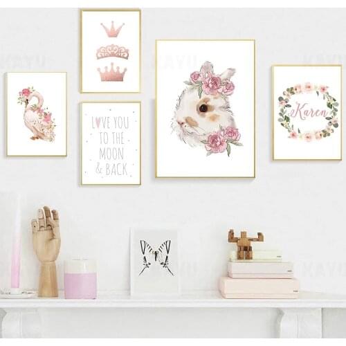 Personalized Art Painting Girls Custom Name Canvas Prints Princess Ballet Poster Flower Rabbit Wall Art Picture Baby Room Decor