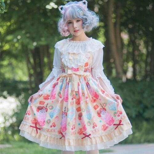 Japanese Style Sweet Lolita Jsk Dress Girls Harajuku Summer Dessert Printing Tea Party Sling Dress Kawaii Ruffles Dresses