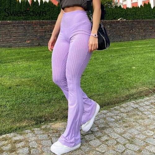 Purple Ribbed Gothic Y2K Joggers Women Knitted Flare Pants Slim High Waist Aesthetic Trousers Female Vintage 90s Sweatpants