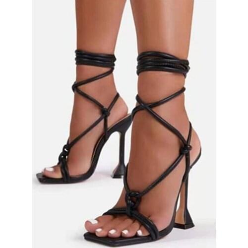 2021 New White Black Sandals Women Summer New Fashion Narrow Band Gladiator Sandals Ladies Square Cross-Strap High Heels Shoes