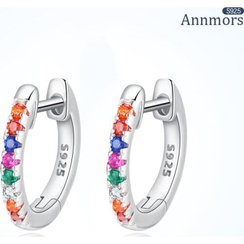 Silver Hoop Earring Rainbow Colors Zircon Women Party Fine Ear Buckles Round Circle Jewelry Vintage Original 925 Sterling Silver