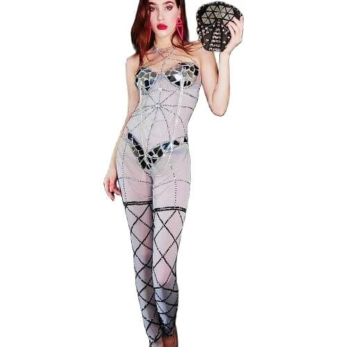 Rhinestones Chain Mirror Sequins Decoration Bodysuit Women Personality Performance Face Shield Nightclub Dance Show Wear