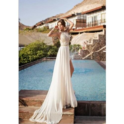 Halter Neck Beach Bridal Gowns Ivory Sleeveless Appliques Flower Boho Wedding Dresses 2019 Chiffon Split robe de mariee novia