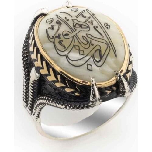 925 Sterling Silver Ring for Men with Mother of Pearl Stone Gentleman Written and Claw Design