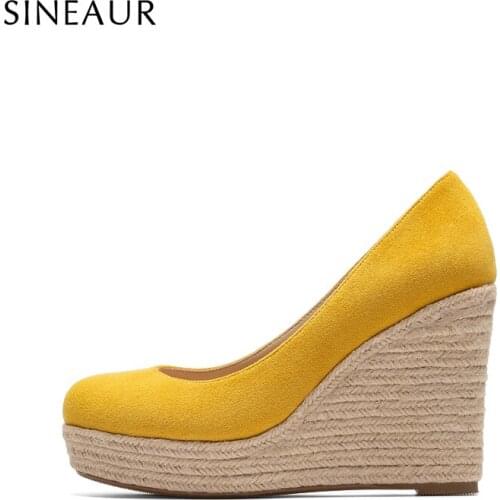 SINEAUR Shoes for women Fashion Super High 10CM Ladies Suede Woods Wedges Heels Round-toe Platform PU Pumps Office Dress