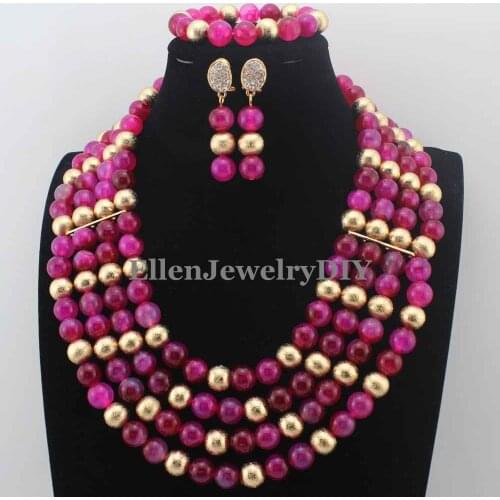 Amazing Nigerian Necklaces Wedding Fuschia Pink Agete Beads Necklace Set ring Balls African Beads Jewelry Set Free Ship W13720
