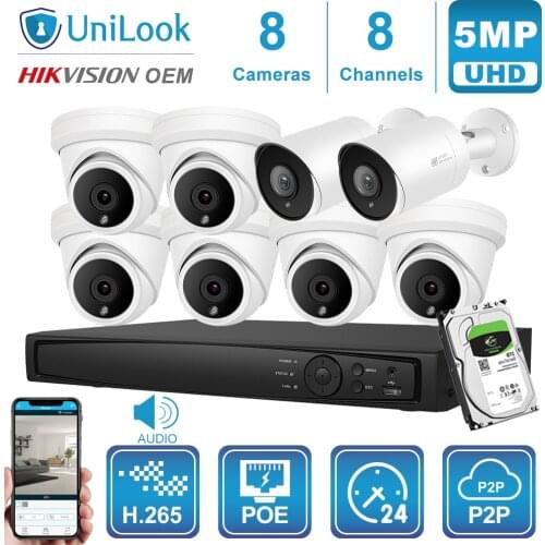 UniLook 8CH NVR 6/8Pcs 5MP Bullet Dome Mixed POE IP Camera Hikvision OEM Outdoor Security System Night Vision Onvif H.265 P2P