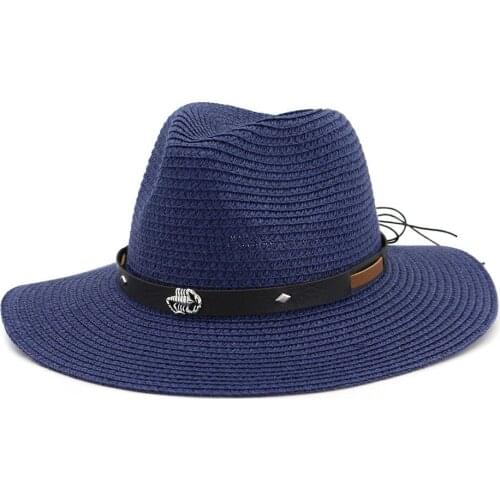 Unisex Wide Brim Jazz Straw Hats with Metal Scorpion Belt Decor Outdoor Sun Protection Hat Panama Beach Cap Sunhat for Men Women