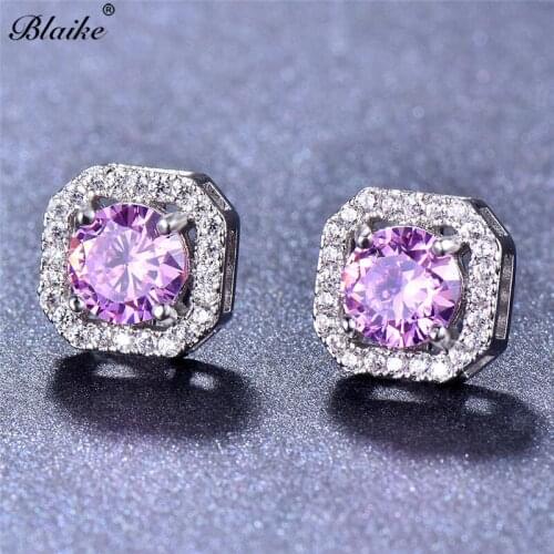 Blaike Round Cut Pink/Purple/Red/Blue Zircon Square Stud Earrings for Women Silver Color Wedding Jewelry Xmas Gift
