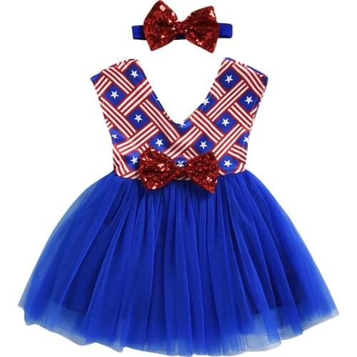 0-24M Kids Girls Dress with Headband 2pcs Independence Day Star Stripe Print V-Neck Sleeveless Lace Tutu Sundress
