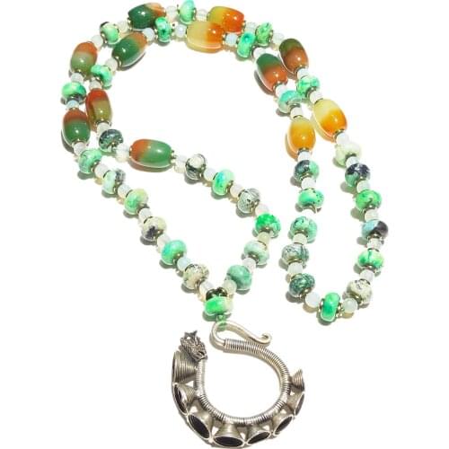Lii Ji Green Color Long Necklace Stone Agates Turquoises Tibetan Silver Pendant Necklace 84cm Women Jewelry Gift