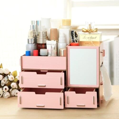 Multifunctional Desktop Storage Box Wooden Makeup Organizer Drawers Big Capacity Jewelry Mirror Storage Box Makeup Organizer