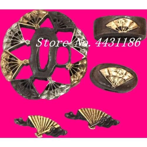 A Set Fan Design Sword Accessory for Japanese Samurai Sword Katana Copper Tsuba Menuki Fuchi Kashira Metal Crafts