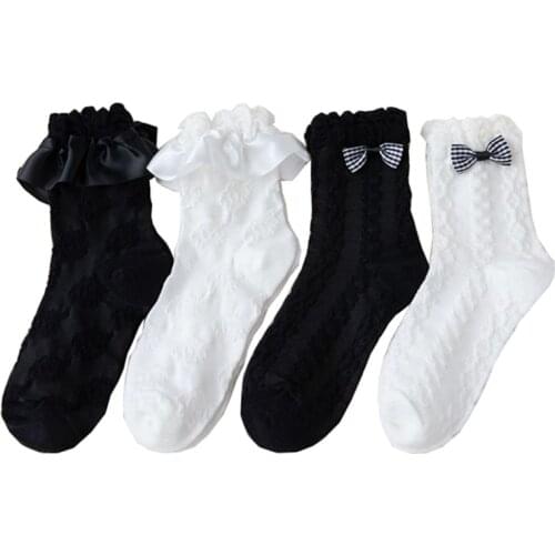 Socks Women Solid Color Spring Autumn Black White Lolita Lace Bowknot Breathable Japanese Harajuku Kawaii Soft Girl Calcetines