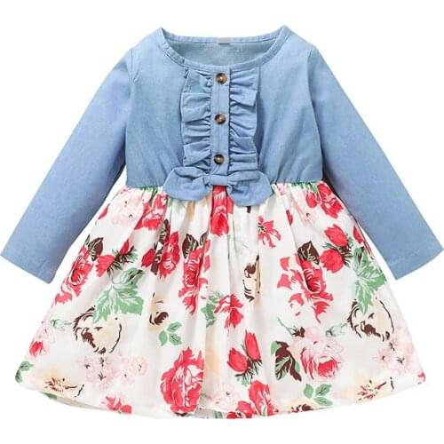 2021 New Toddler Kids Baby Girl Floral Clothing Set Long Sleeve Denim Tops Bow Flower Print Princess Dress 18M-6Y