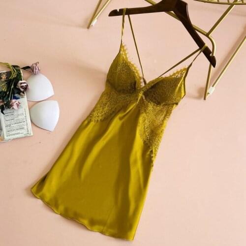 New Arrival Homewear Satin Sexy Nightgown Yellow Nightdress Summer Home Dressing Gown Women Casual Intimate Lingerie