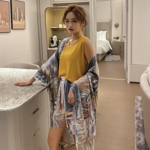 New Spring and summer Ladies Pajama Set Viscose Satin 4Pcs Set Cardigan+Vest+Pants+Shorts Printed Femmal Sleepwear Homewear